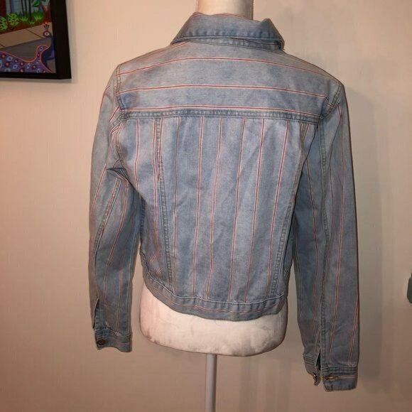 For The Republic Jean Jacket Large L Womens Red Pin Stripe Blue Denim Button Up - Picture 2 of 9